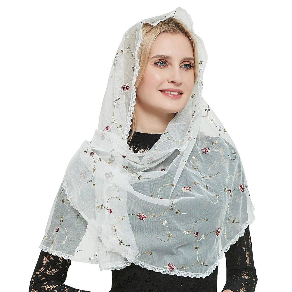7646 Orthodox Veil Head Covering With Embroidered Flowers Catholic Chapel